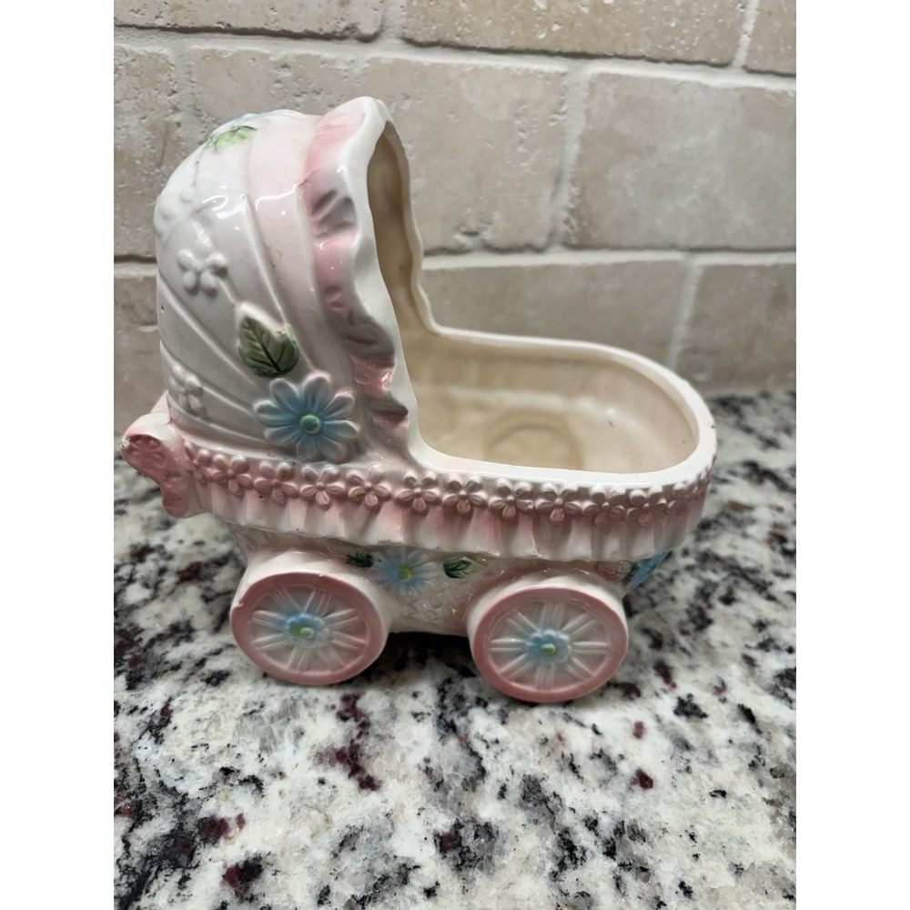 Vtg Dickson Japan Ceramic Baby Carriage Musical Planter Rock-A-Bye-Baby Working
